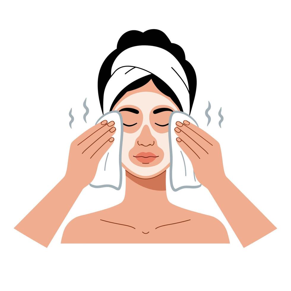 Woman cleansing her face with warm towels in a calming spa-like environment vector