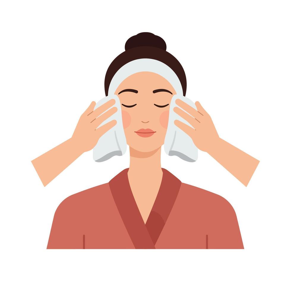 Woman receiving a facial treatment with calming hands and soft towels in a spa setting vector