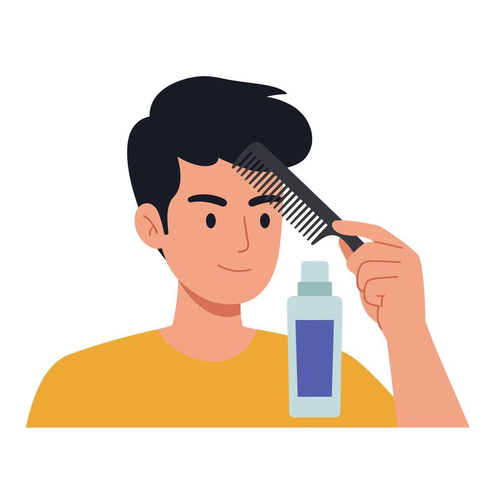 Young man styling hair with comb and hair product in bright indoor setting vector