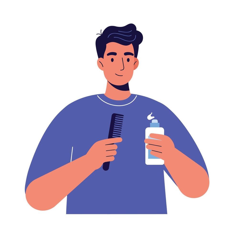 Young man holding a comb and bottle of hair product in a bright setting vector