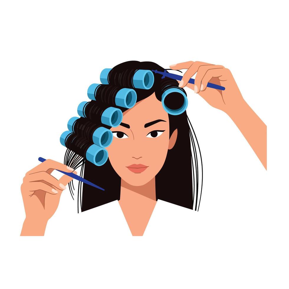Woman styling hair with curlers and styling tools in a beauty setting vector