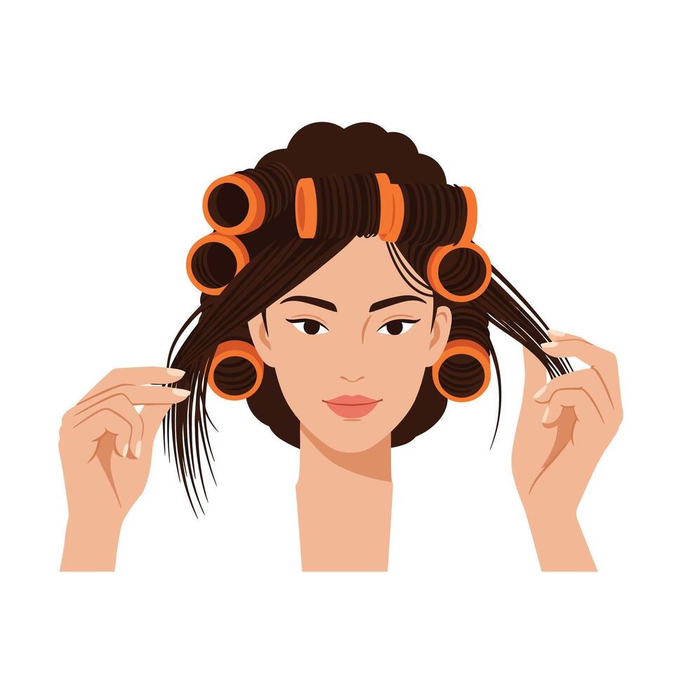 Woman with hair rollers preparing for styling in a beauty routine vector