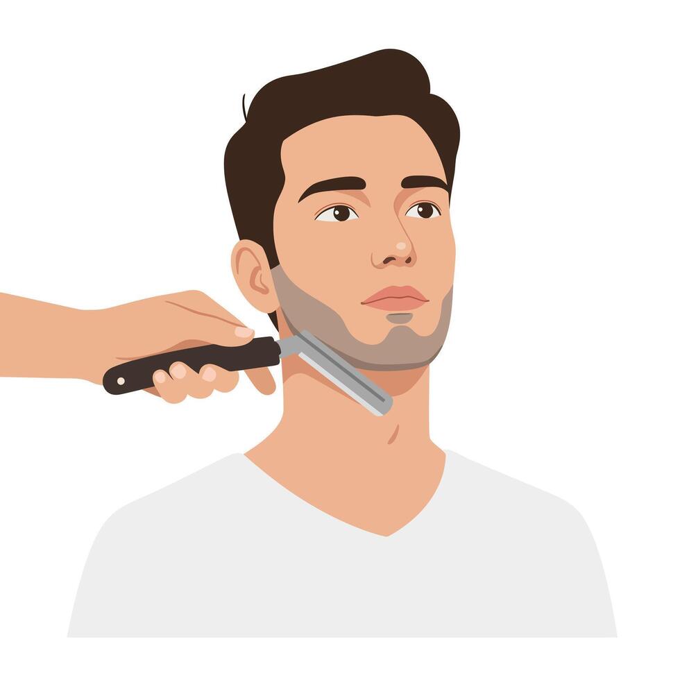 Man receiving a traditional straight razor shave with skilled hand technique in a barbershop vector
