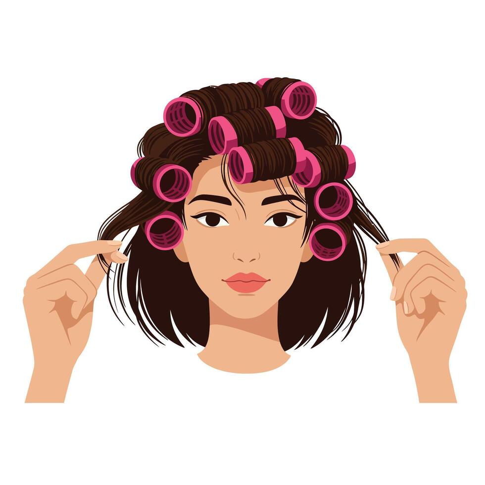 Woman using pink hair rollers to style her hair in a beauty routine vector