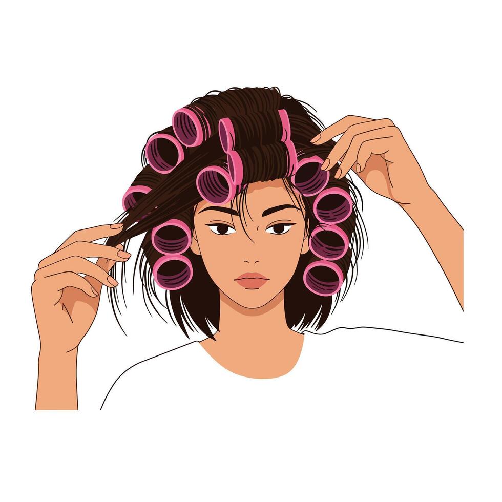 Young woman styling hair with pink rollers in preparation for an event vector