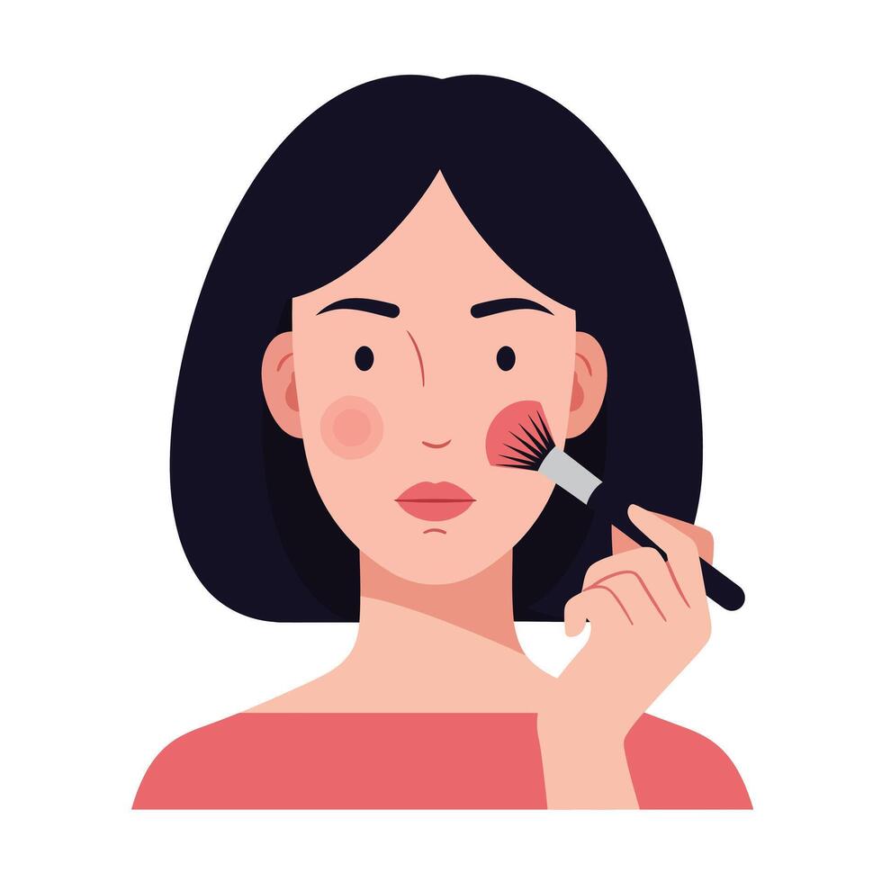 Woman applying blush makeup with a brush in a modern style illustration vector