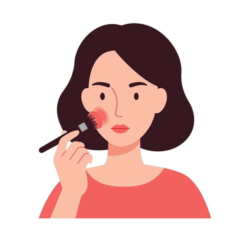 Woman applying blush makeup with a brush in a minimalist illustrated style vector