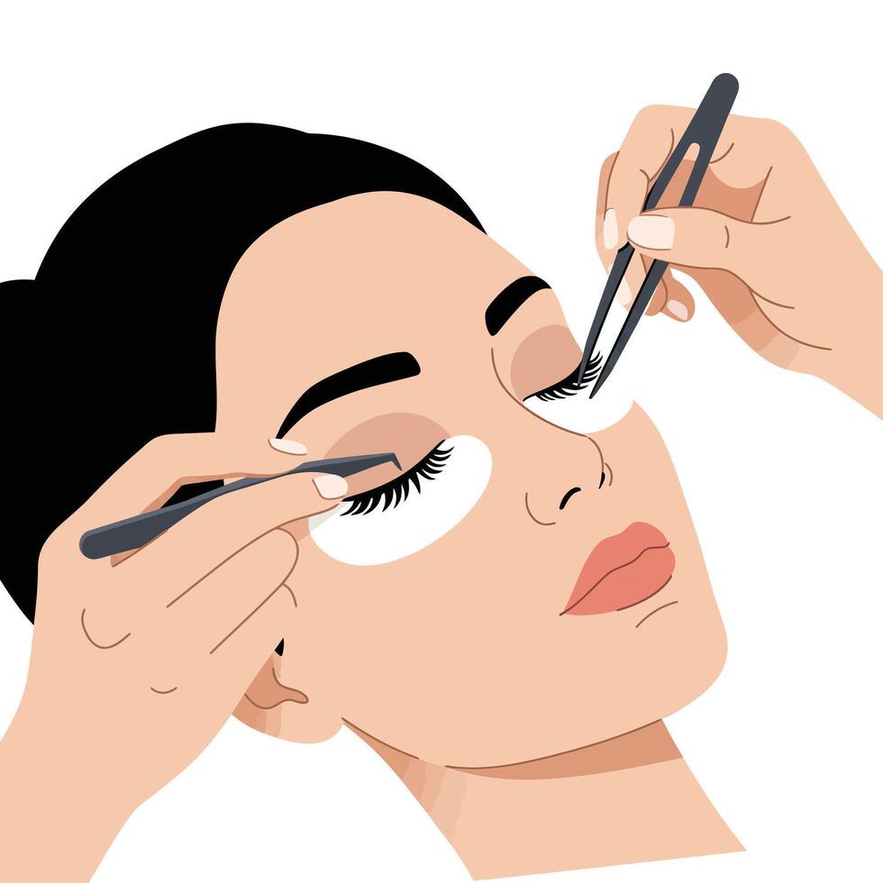 Application of eyelash extensions on a womans eyes with professional tools in use vector