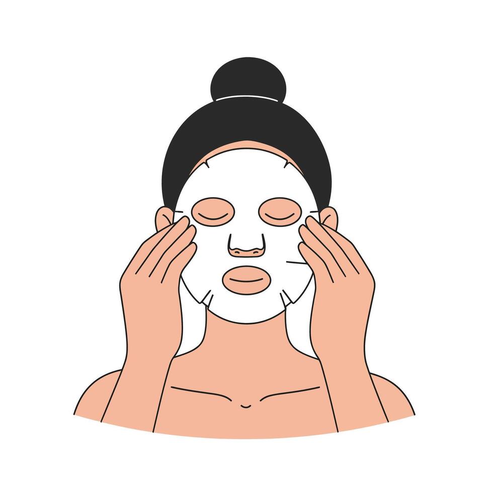 Woman applying facial mask while enjoying skincare routine for rejuvenation and relaxation vector