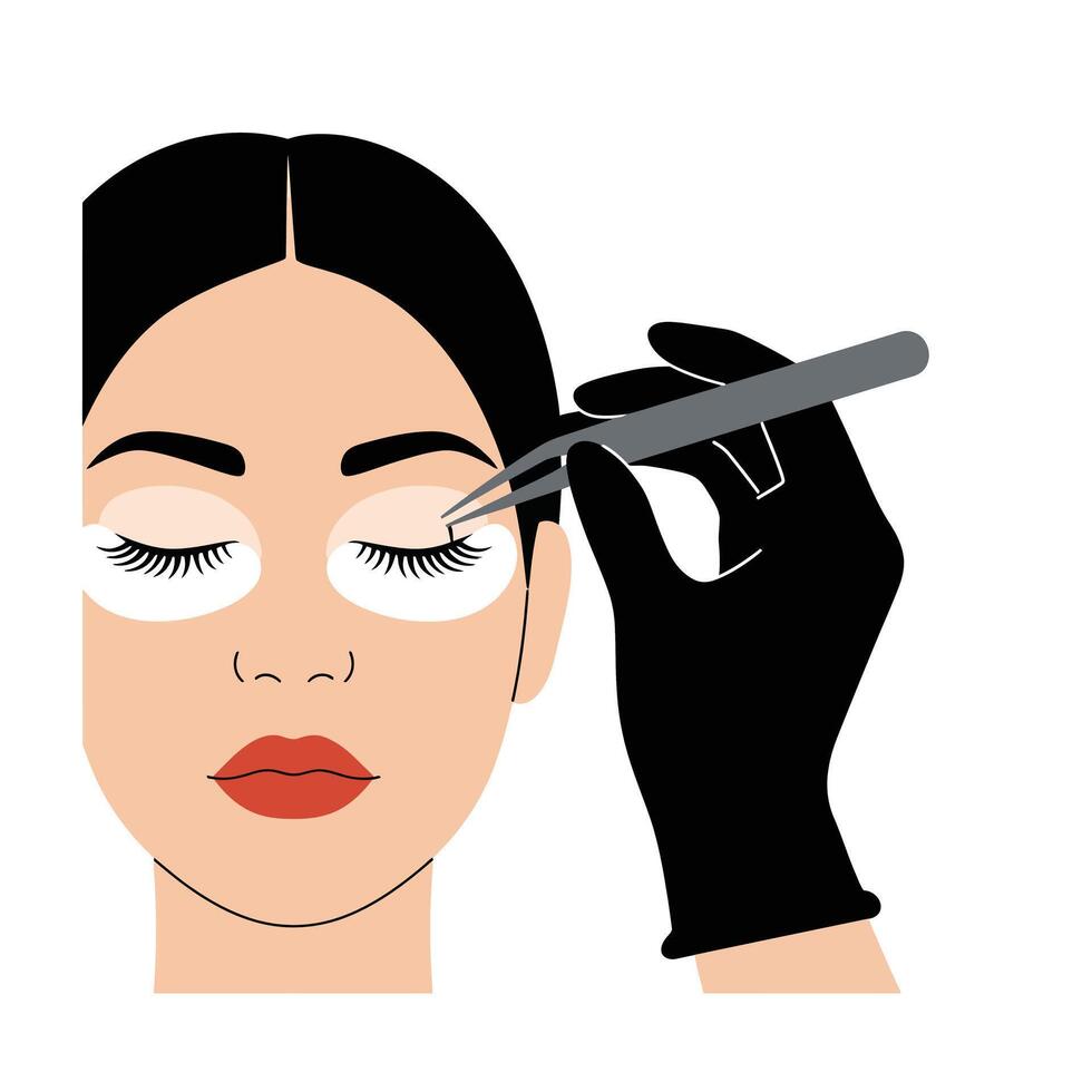 Woman receiving eyelash extension treatment with precision tools and focused expression vector