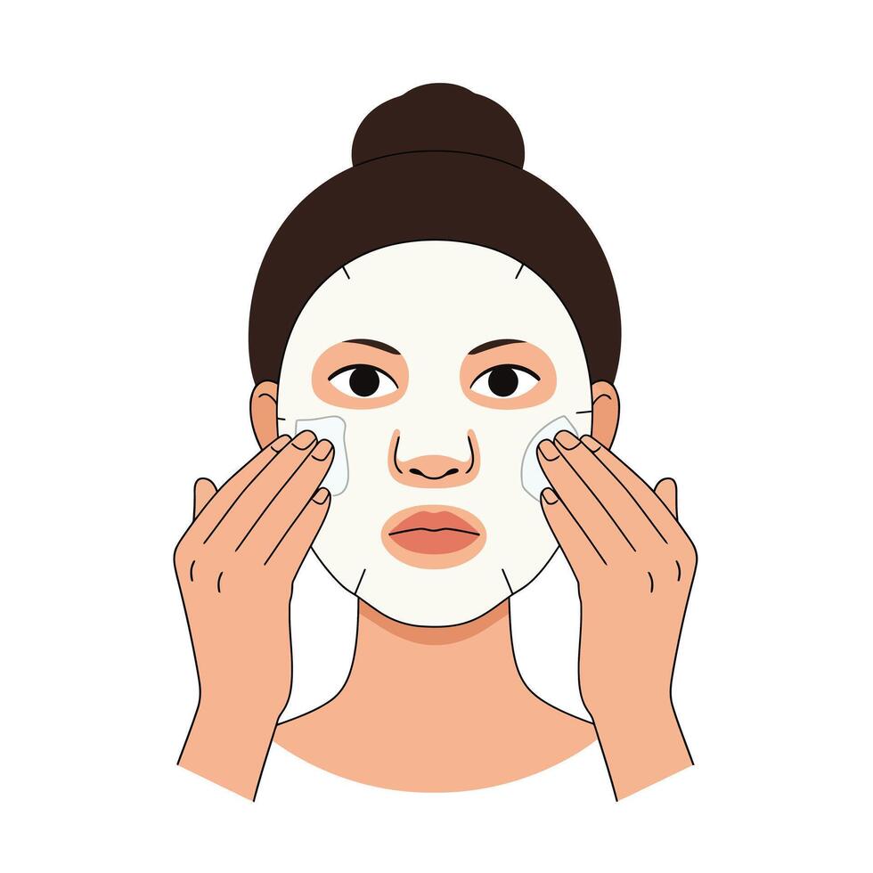 Woman applying facial mask while gently massaging her skin for relaxation and care vector