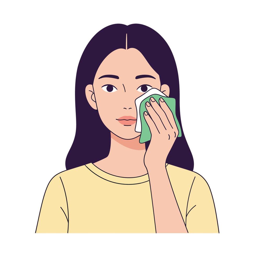 Young woman cleansing her face with a green cloth in a simple illustration vector