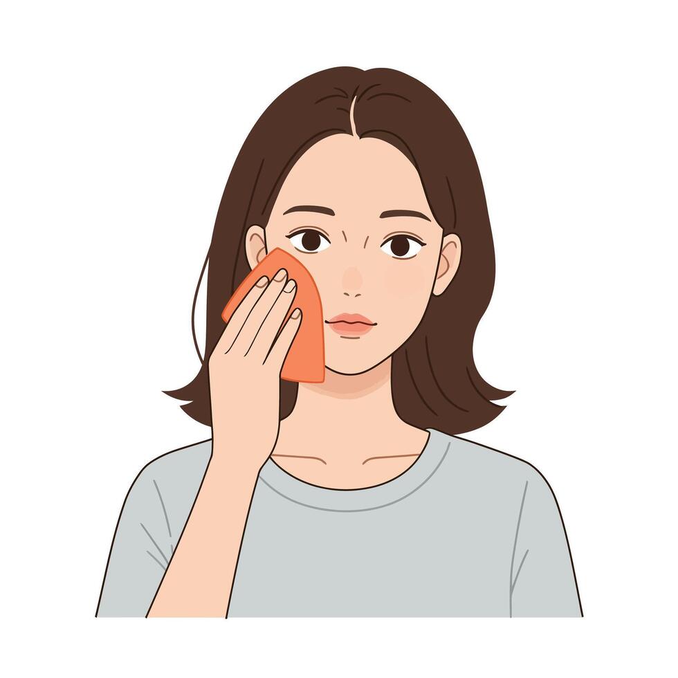 Woman gently cleansing her face with an orange cloth in a serene setting vector