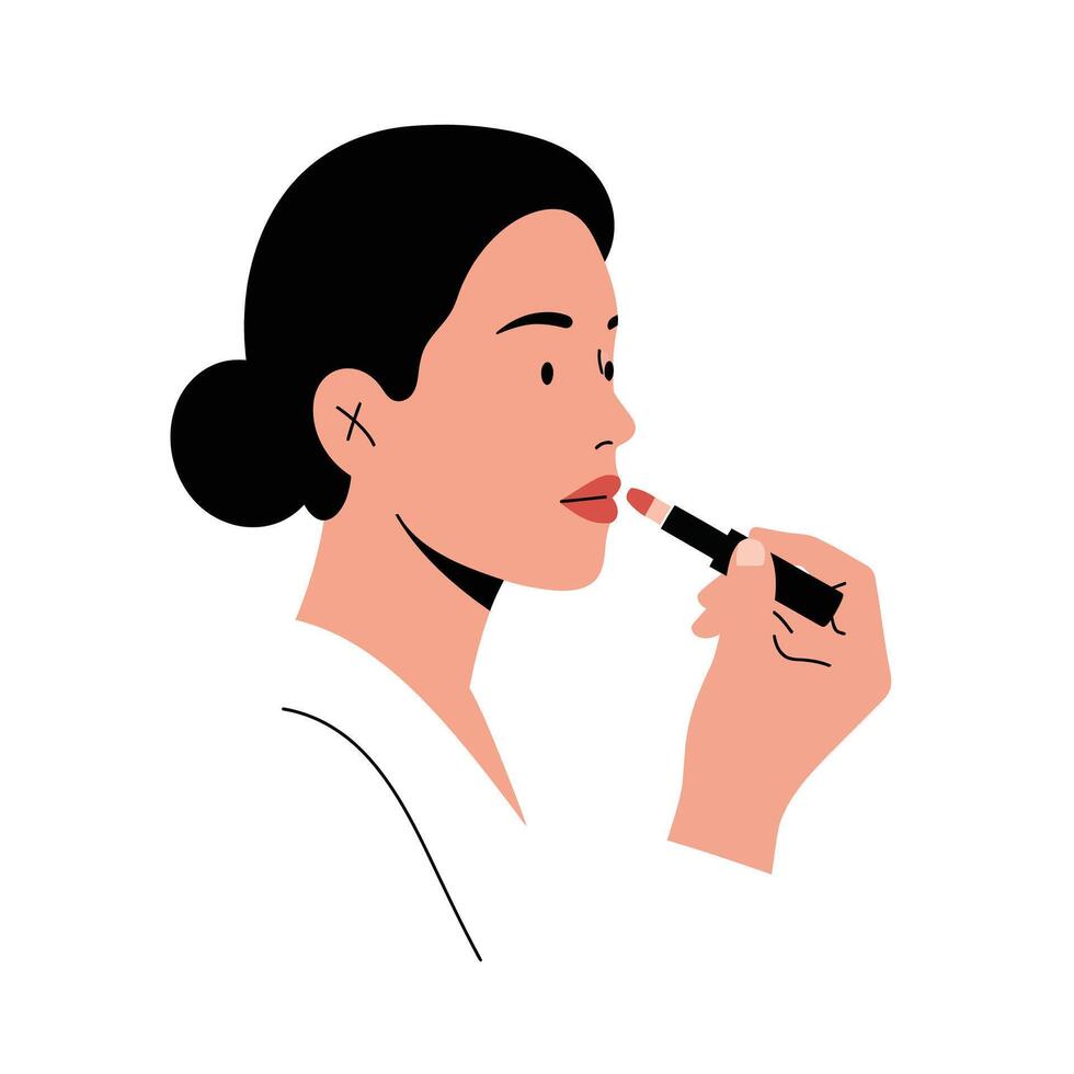 Woman applying lipstick with a focused expression in a minimalist style illustration vector
