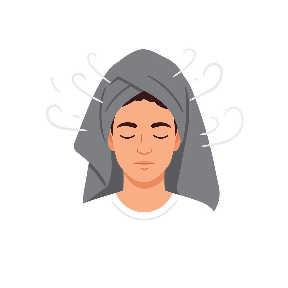 Young person relaxing with a towel on their head after a shower vector