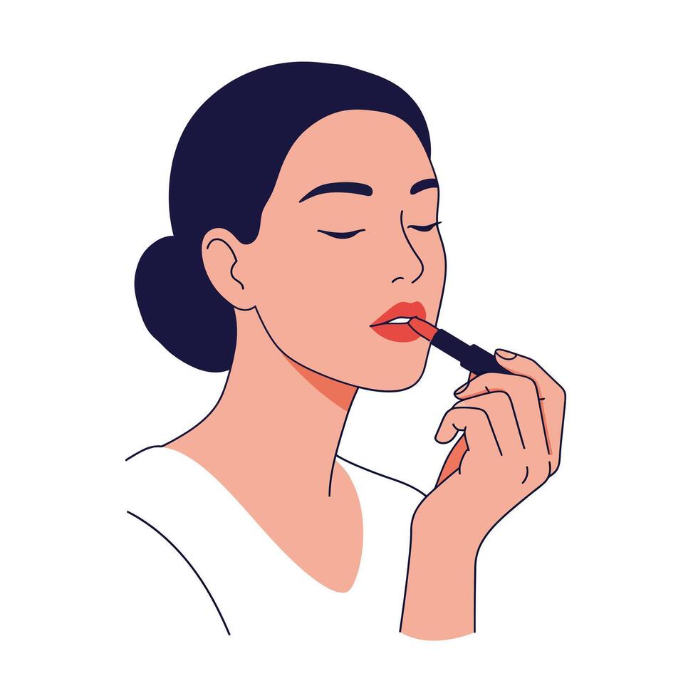 Woman applying lipstick with a focused expression in a minimalistic design style vector