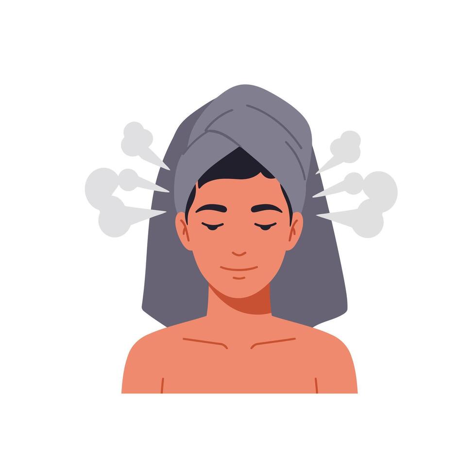 Relaxed individual with towel on head enjoying steam treatment for rejuvenation vector