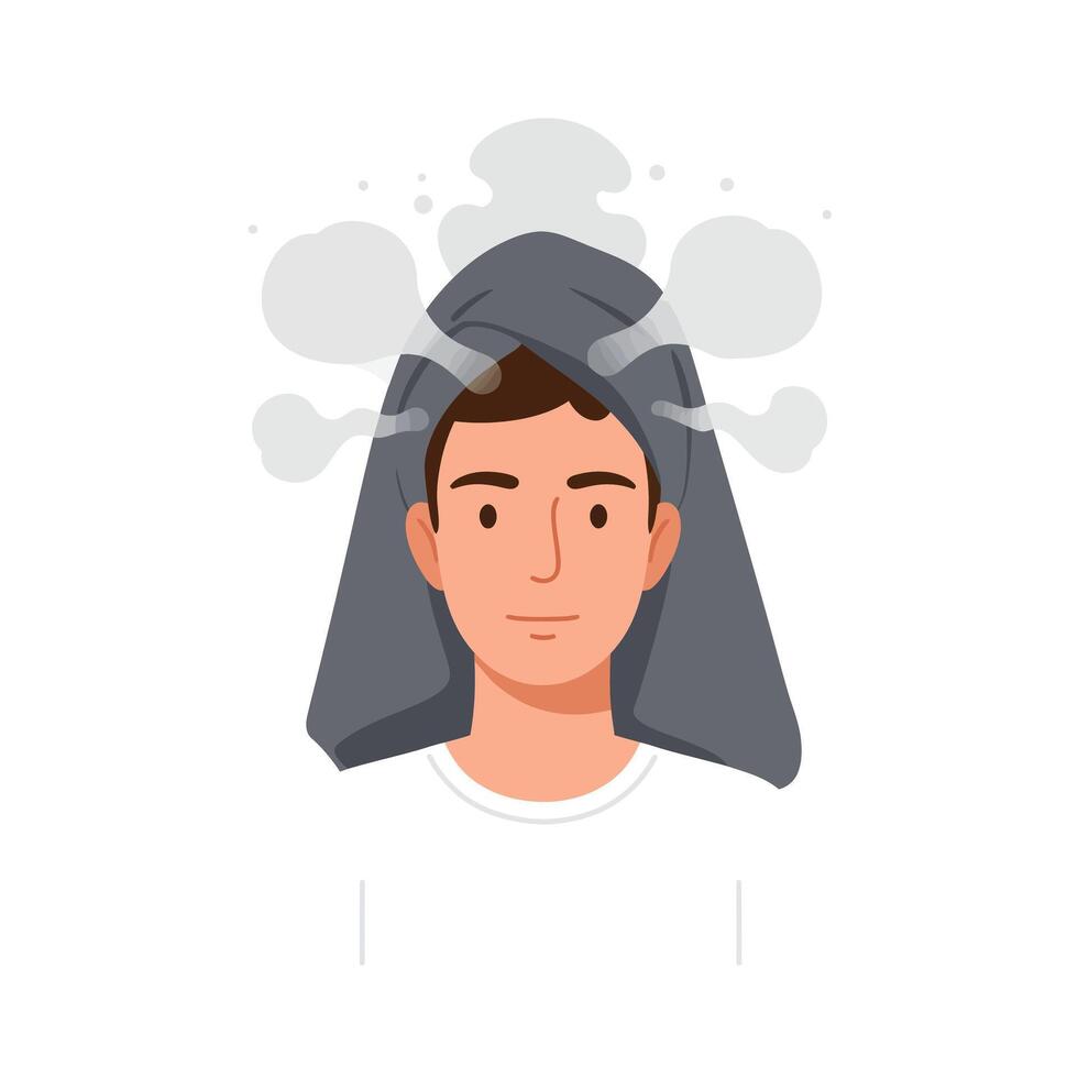 Young man with a towel on head and steam clouds representing relaxation and comfort vector