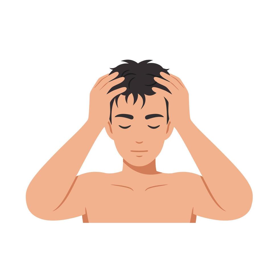 Young man holding his head with a pained expression while standing still vector