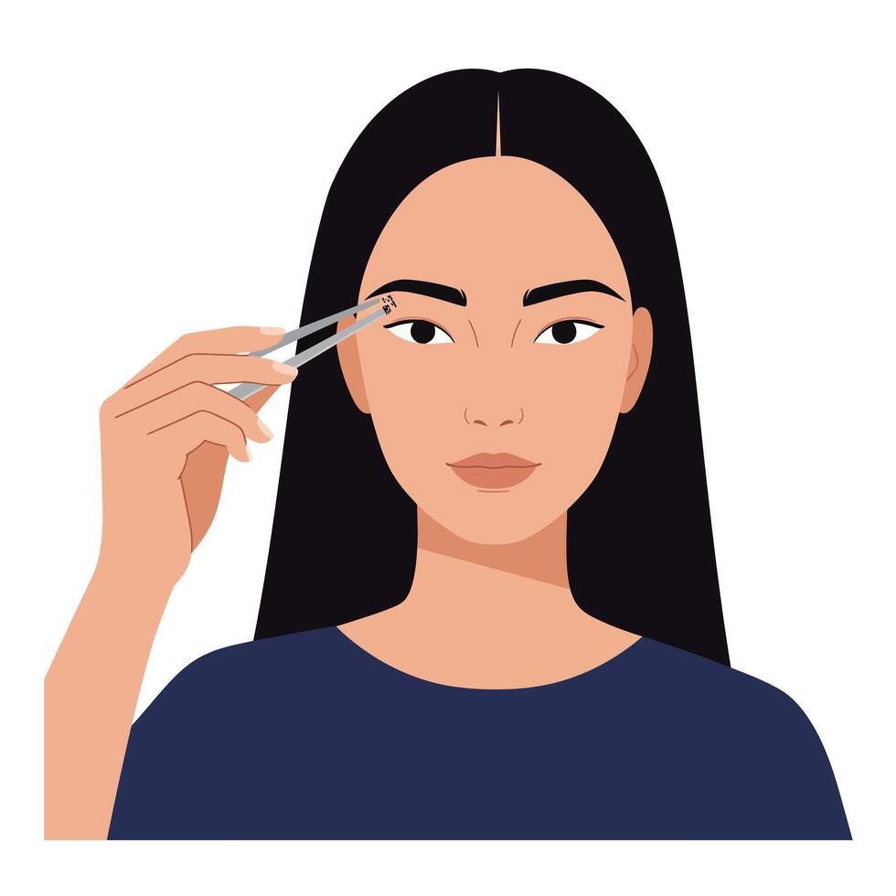 Woman carefully tweezing her eyebrows while looking confidently at the camera vector