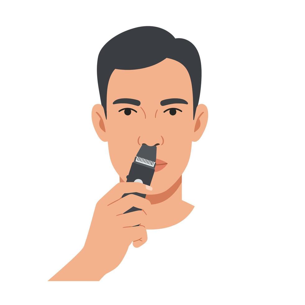 Young man grooming facial hair with a trimmer in a minimalist setting vector