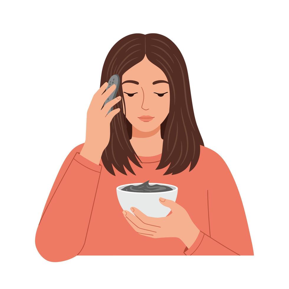Woman applying face mask while holding bowl in cozy indoor setting vector