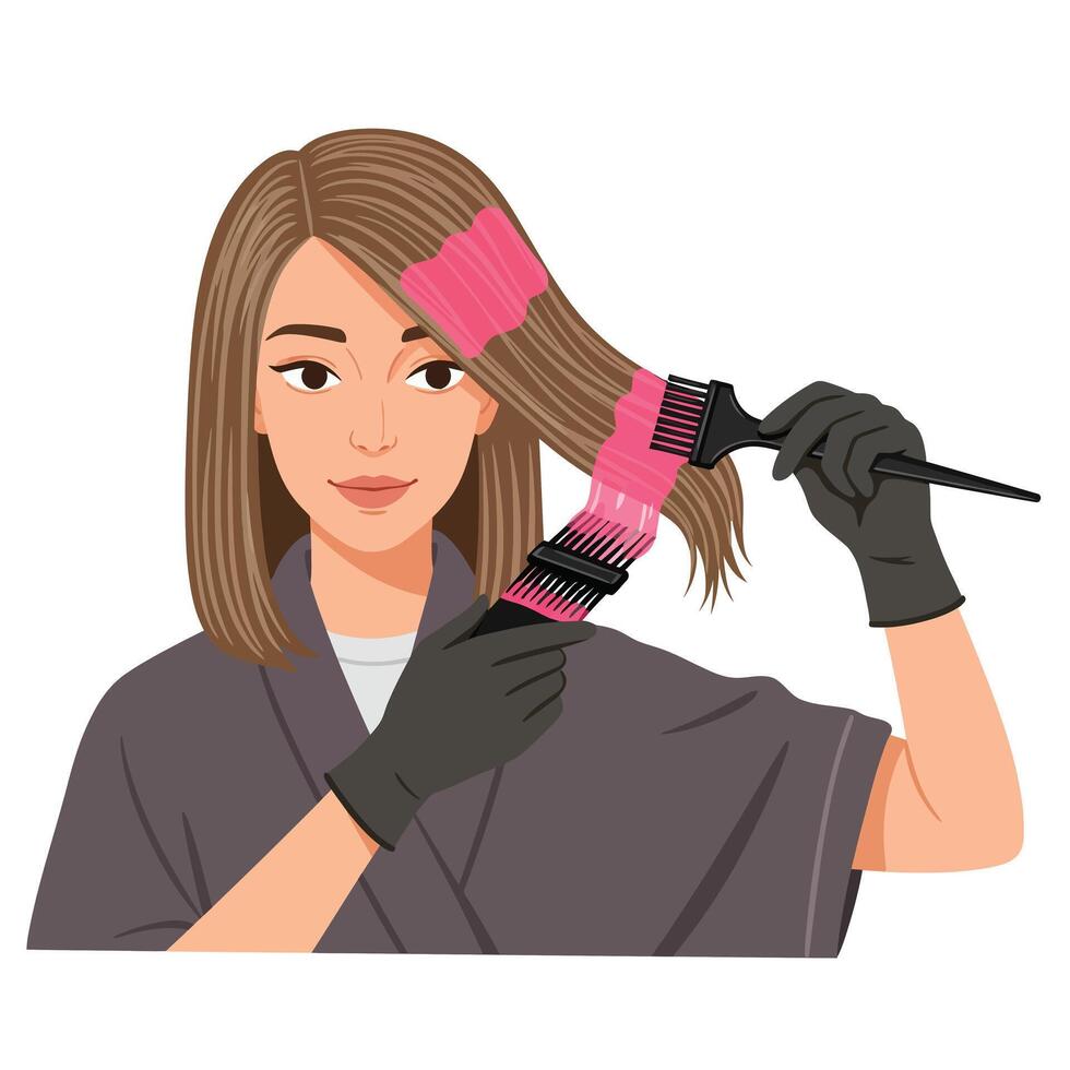 Woman applying vibrant pink hair dye with a brush in a salon setting vector