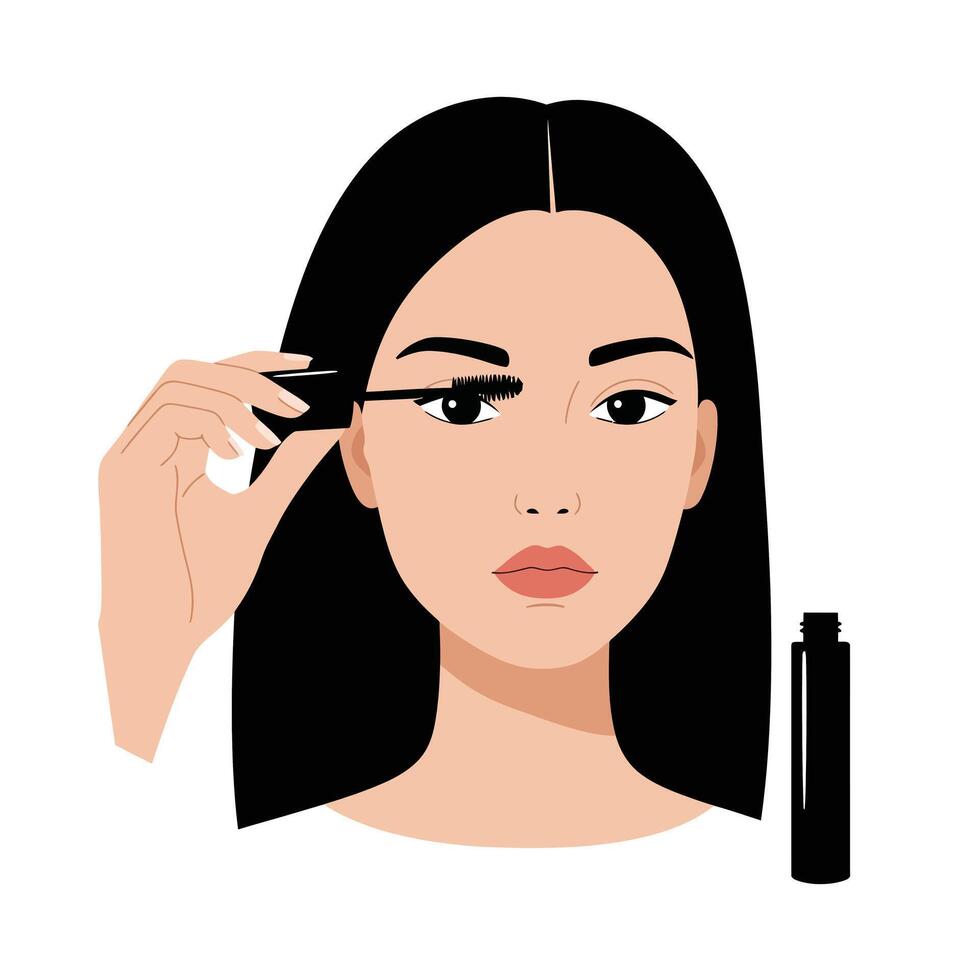 Woman applying mascara for a dramatic eye makeup look in a minimalist style vector