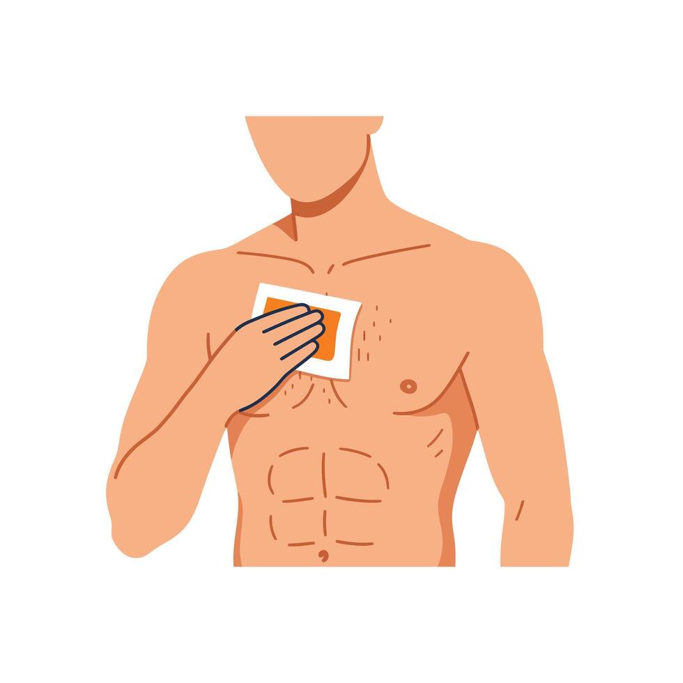 Man using hair removal wax on his chest for smooth skin appearance vector