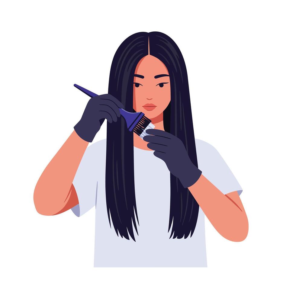Woman applying hair dye with brush while wearing gloves in a well-lit setting vector
