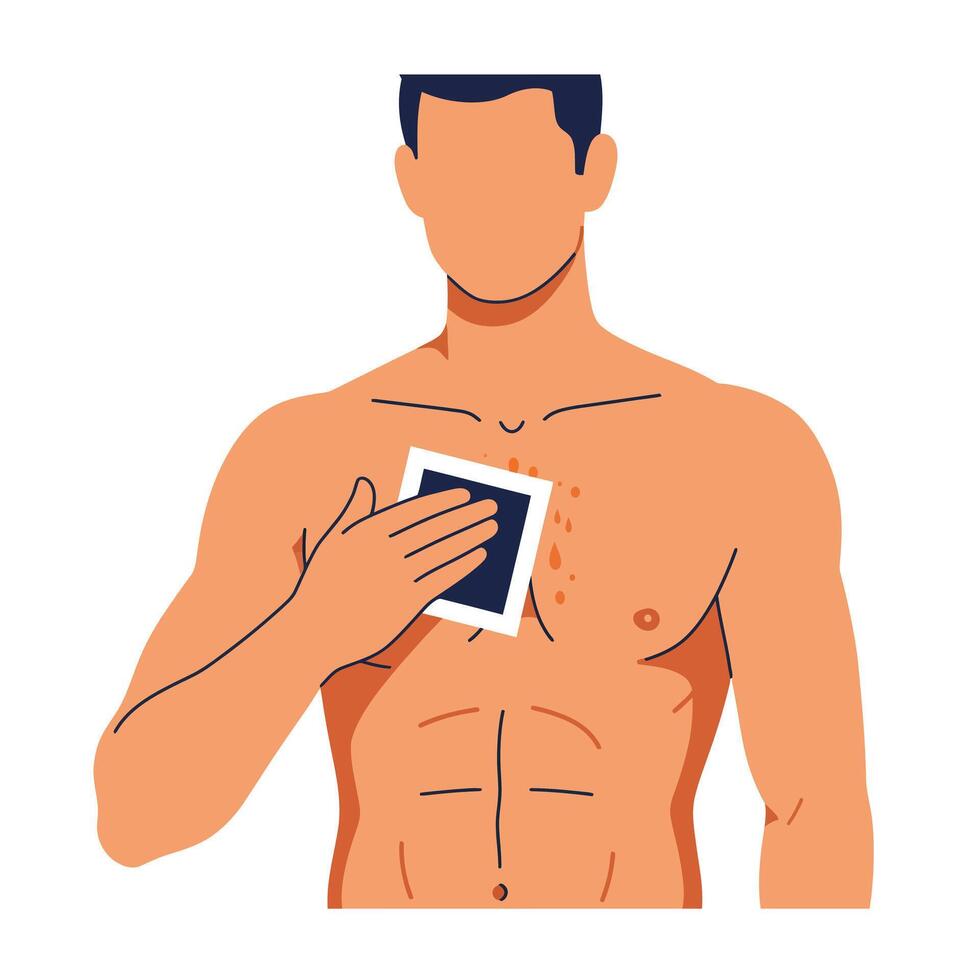 Man applying hair removal product on chest with focused expression and calm demeanor vector