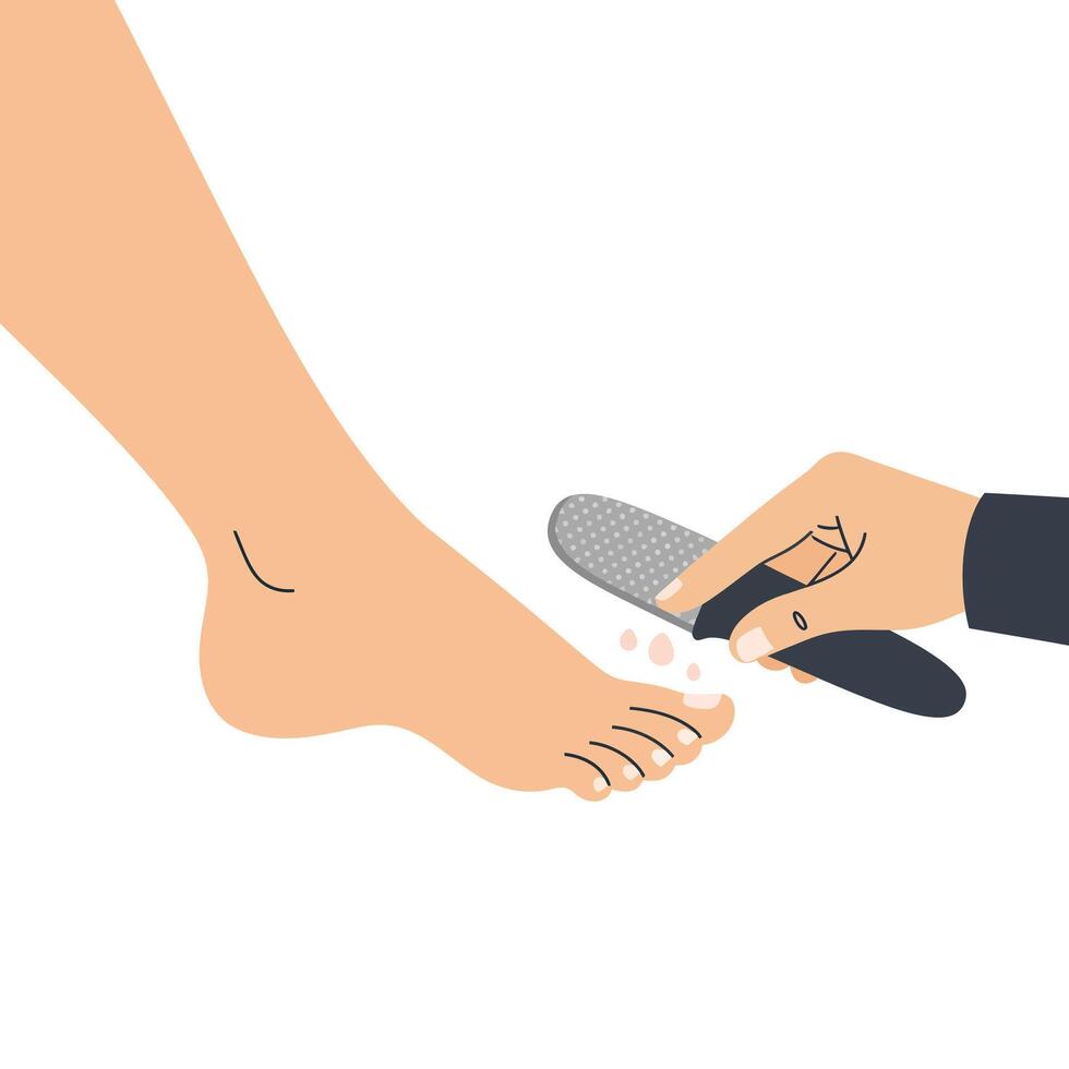 Hand holding foot file to smoothen a foot during a pedicure session vector