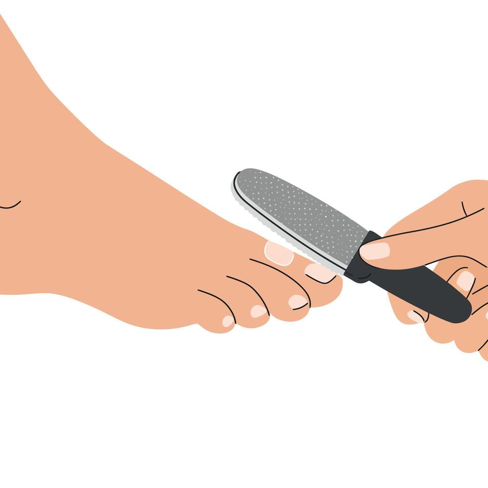 Foot care process with a foot file on toenails for smooth skin vector