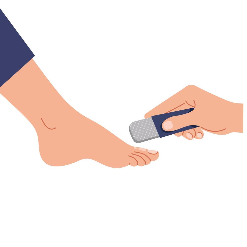 Hand gently using a foot file on a bare foot for pedicure treatment vector
