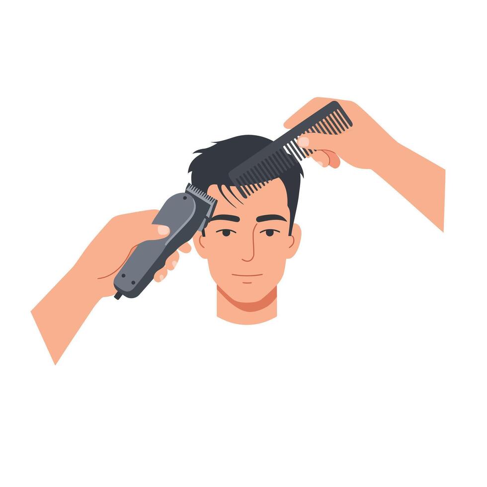 Hands styling hair with comb and clippers on a young mans head vector