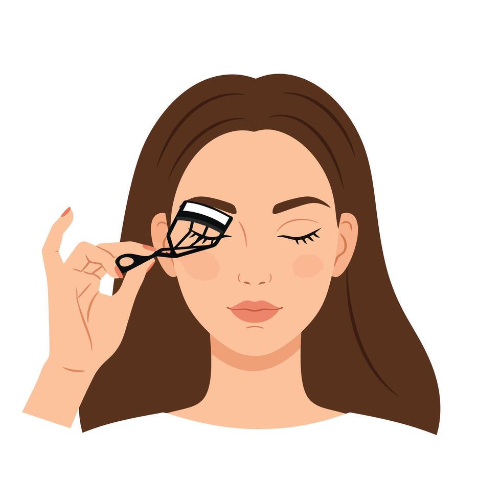 Woman using eyelash curler for enhancing her eyelashes and eye appearance vector
