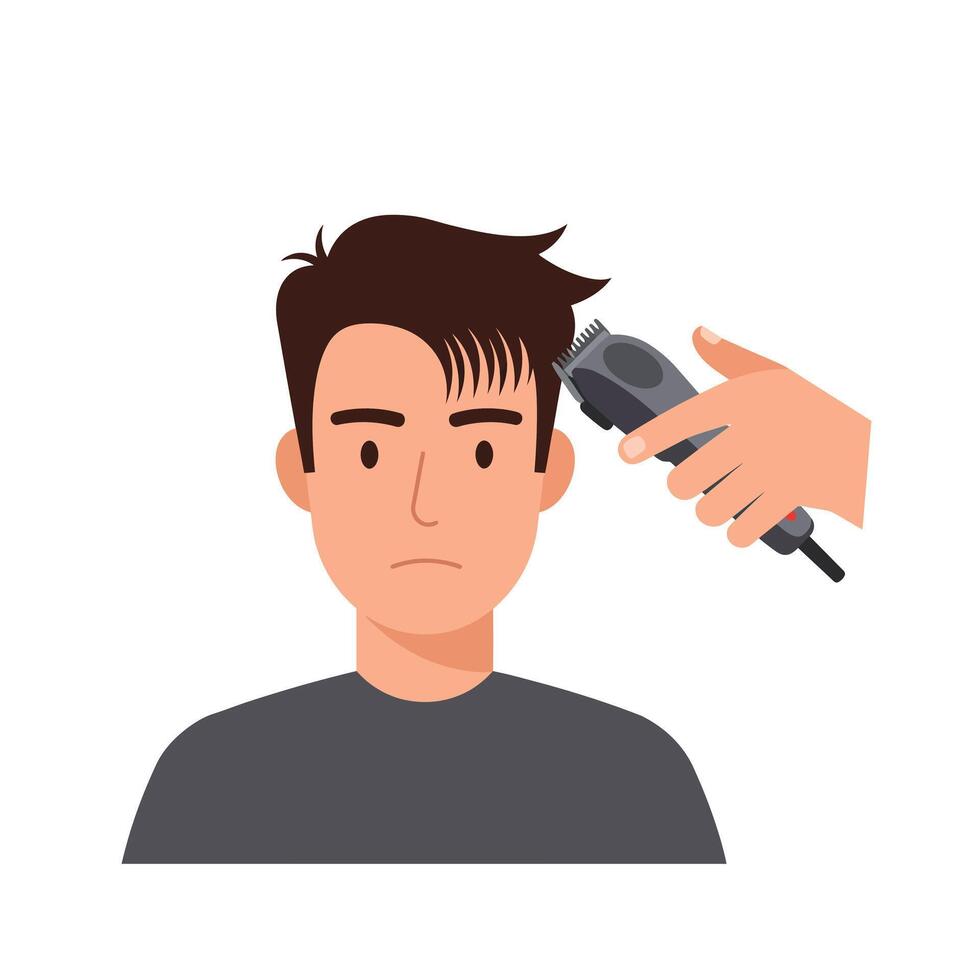 Young man receiving a haircut with clippers in a modern barbershop setting. vector
