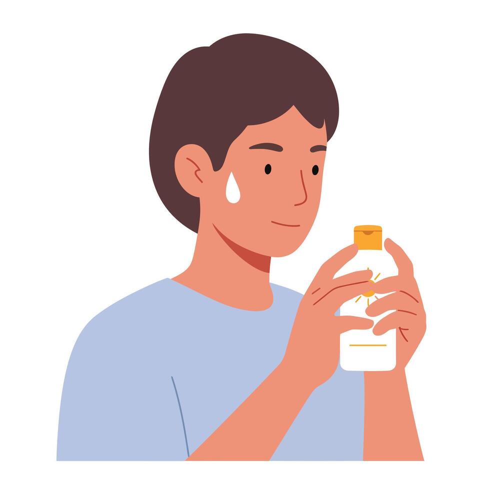 Young man examining a skincare product with a focused expression and slight sweat bead vector