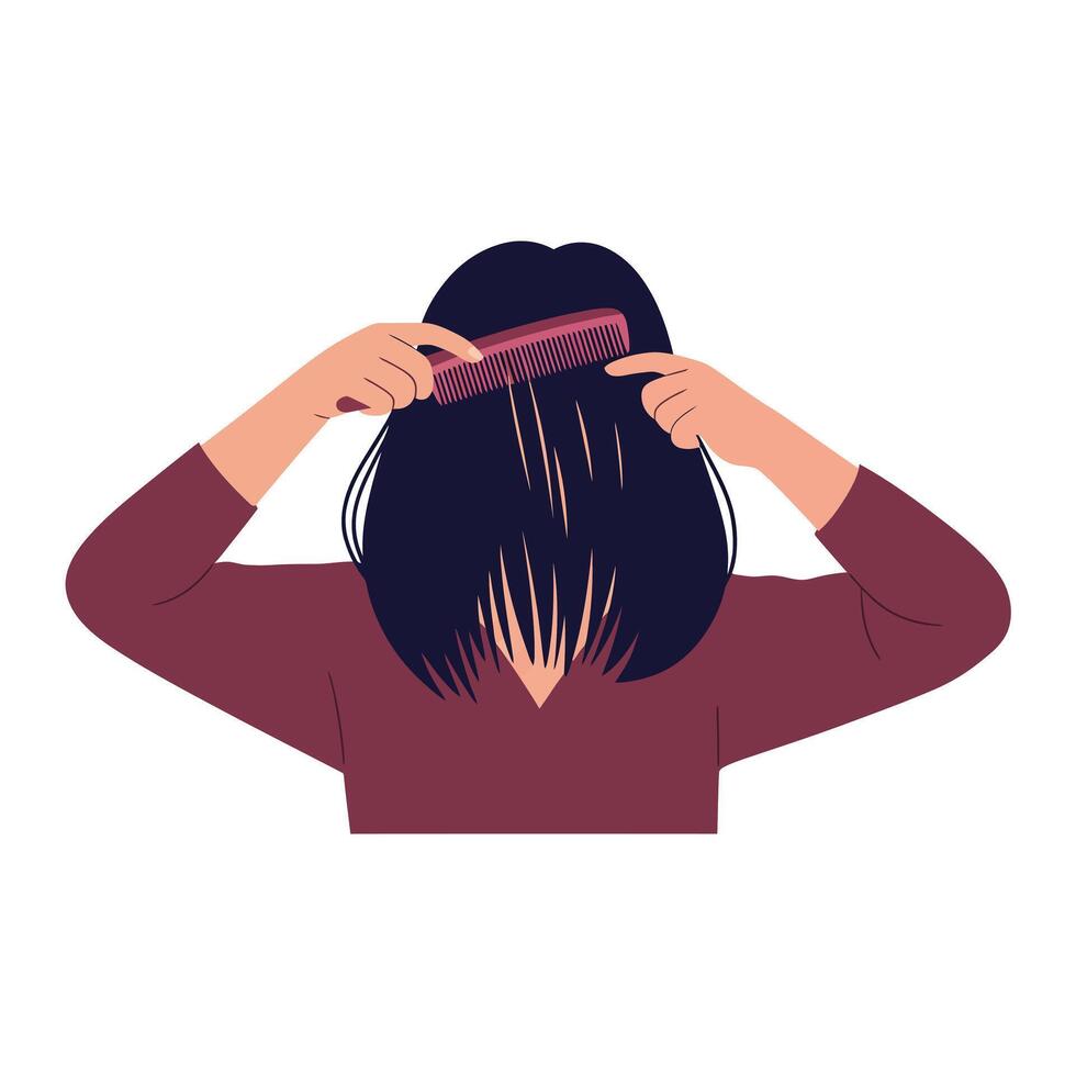 Woman brushing long dark hair with a pink comb in a simple style vector