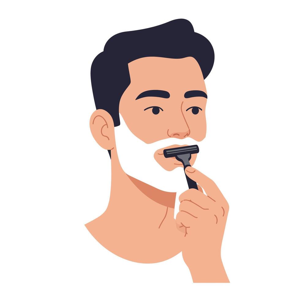 Young man shaving with a razor, applying shaving cream to his face vector