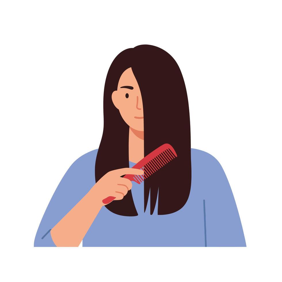 Woman combing her long hair with a red comb in a casual setting vector
