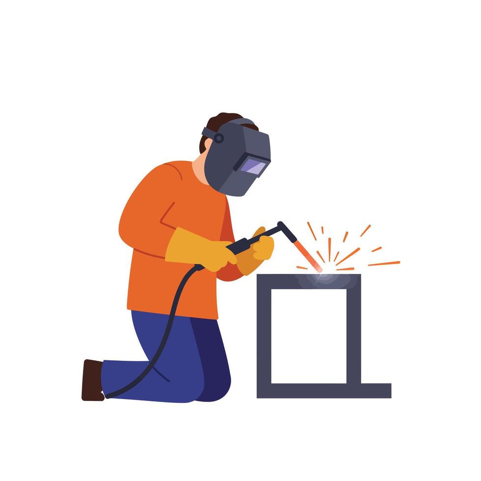 Welder using torch in action with sparks, flat art illustration vector