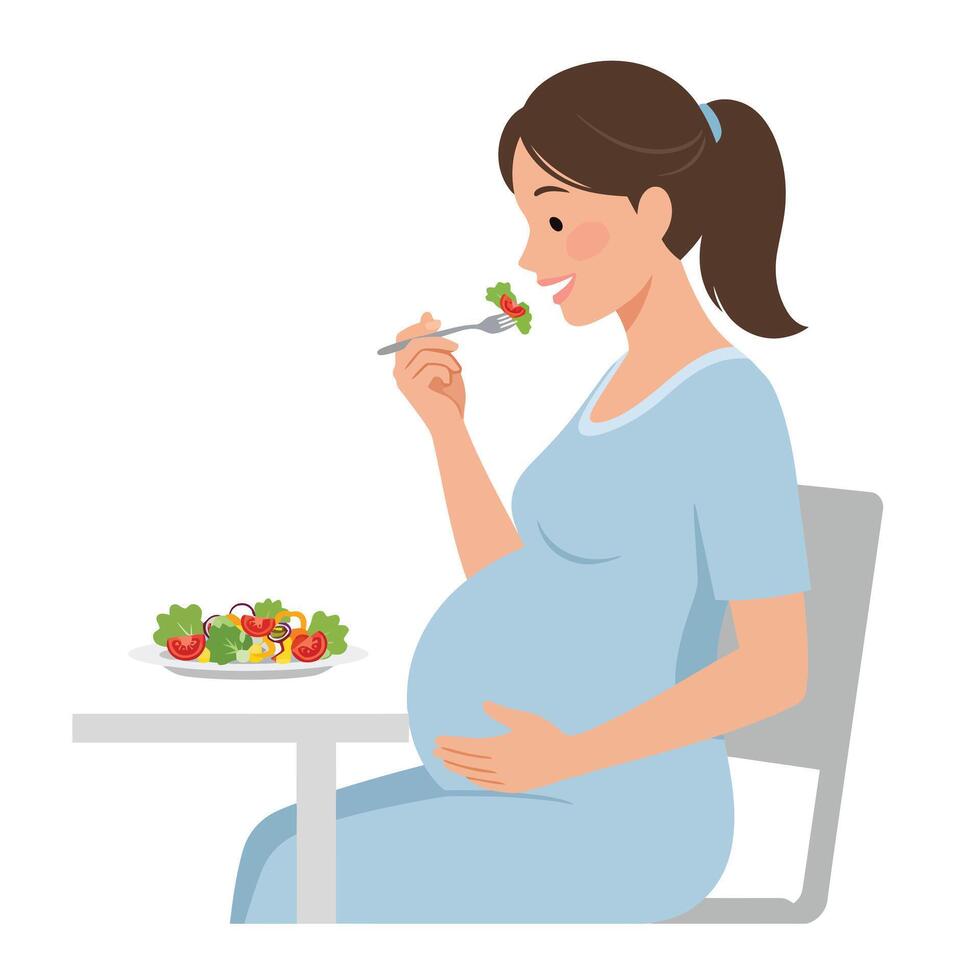 Pregnant woman enjoying a healthy salad in minimal art style illustration vector