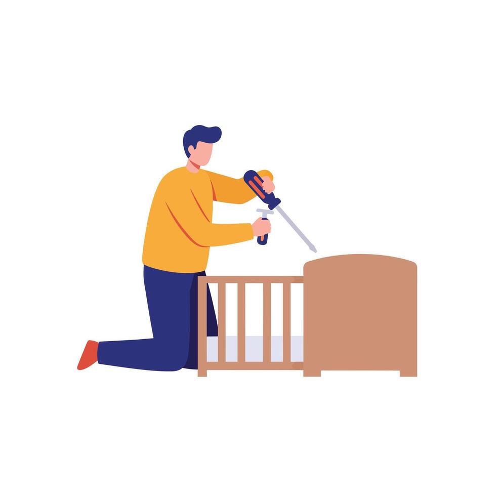 Man assembling a crib in flat style art showcasing parenting and home improvement vector