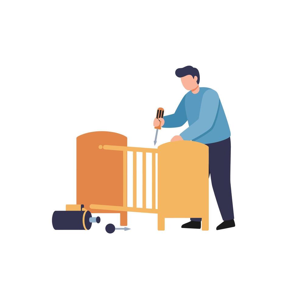 Person assembling a wooden crib in flat art style with tools and materials vector