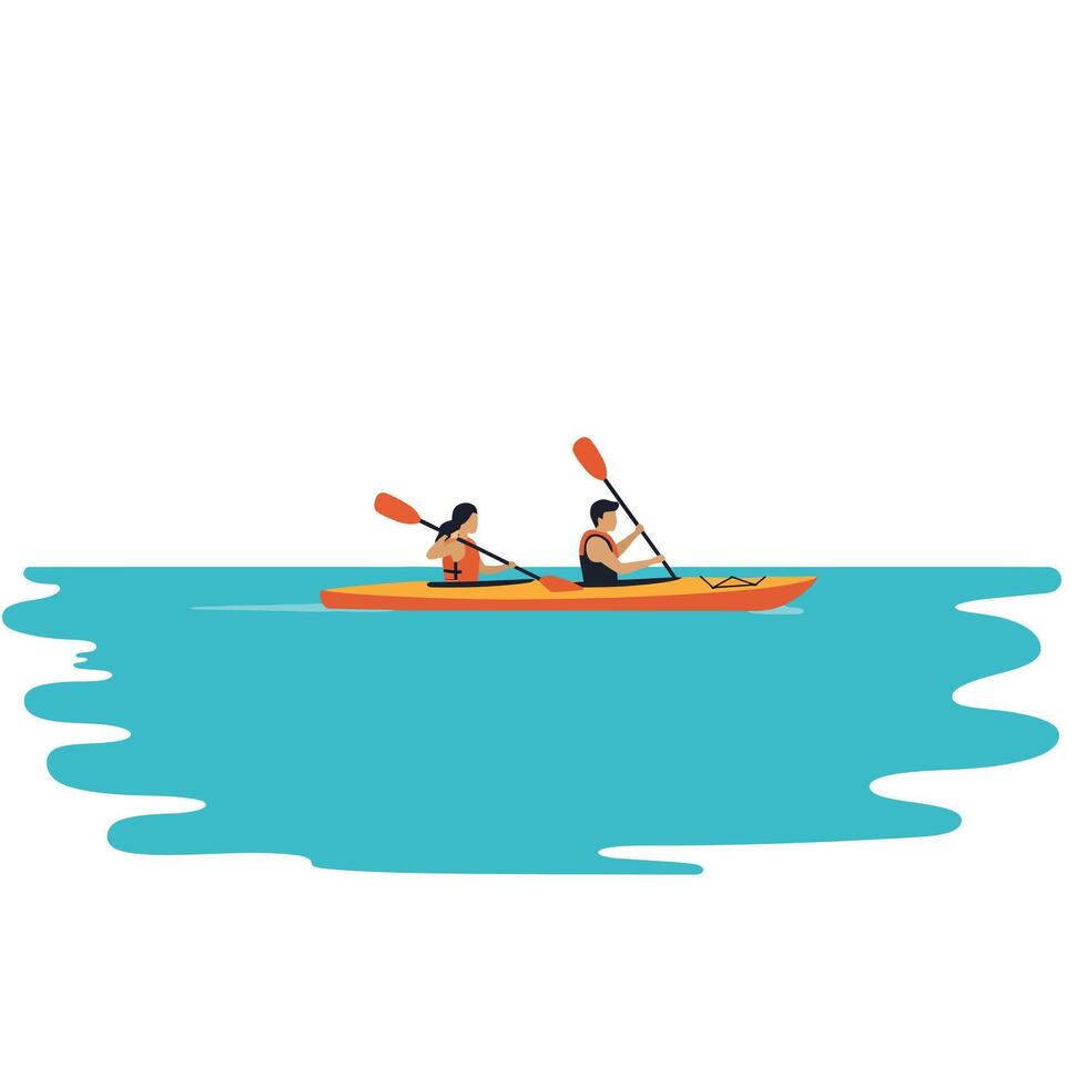 Two people kayaking in a turquoise water scene with flat art vector