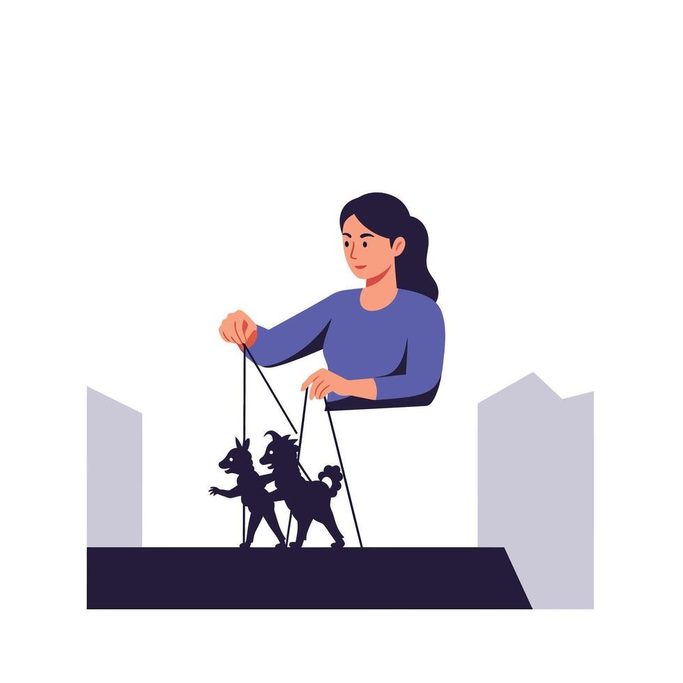 Person controlling marionette puppets in minimal flat design art vector