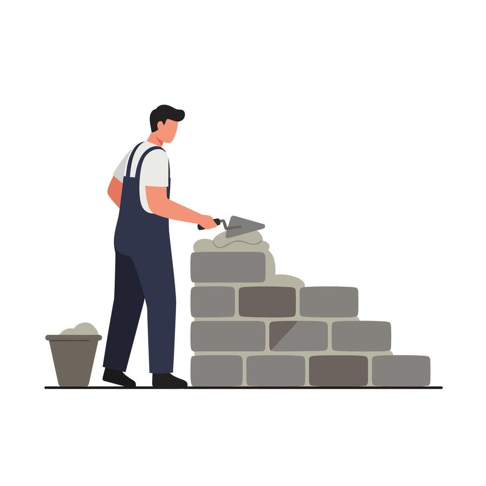 Construction worker building a wall with bricks in flat art style vector