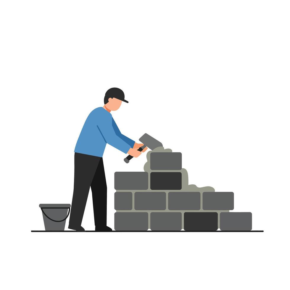 Construction worker building a wall with bricks in flat art vector