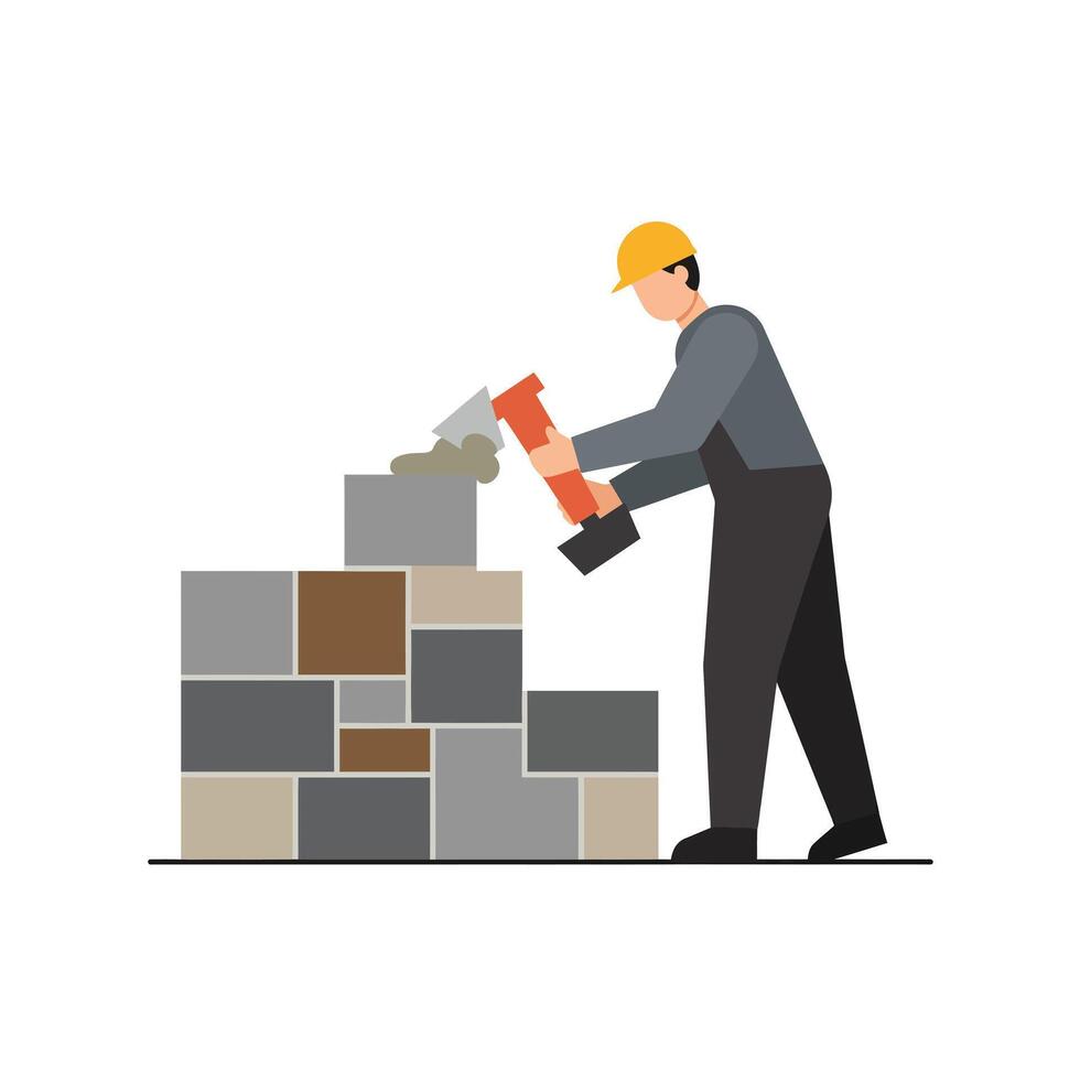 Construction worker building a wall with bricks in flat art style illustration vector
